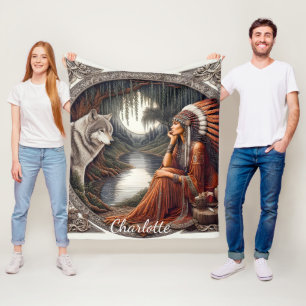 Native woman with a wolf by the river fleece blanket