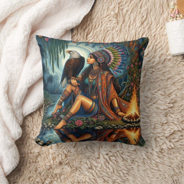 Native Woman With Eagle by River Throw Pillow (Blanket)
