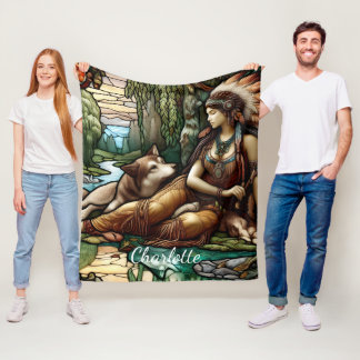 Native woman with loyal wolf companion fleece blanket
