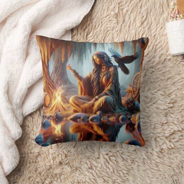 Native Woman With Raven at Dawn Throw Pillow (Blanket)