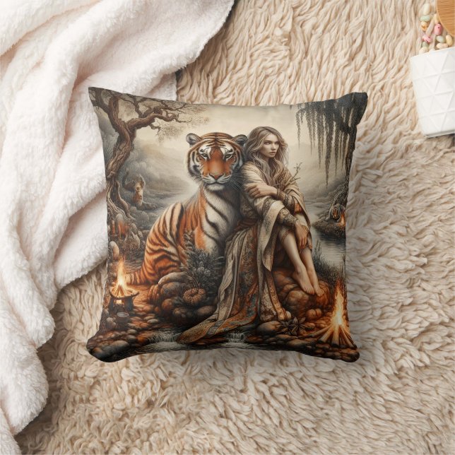Native Woman With Tiger in Nature Throw Pillow (Blanket)