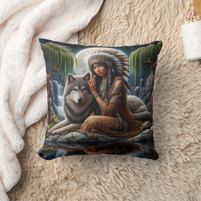 Native Woman With Wolf by Moonlit Lake Throw Pillow (Blanket)