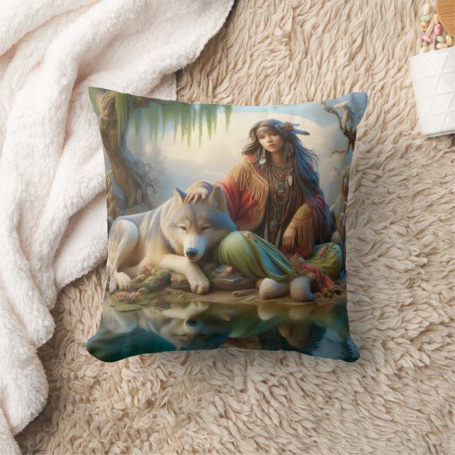 Native Woman With Wolf by Water Throw Pillow (Blanket)