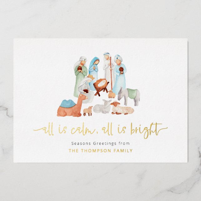 Nativity All Is Calm Seasons Greetings Real Foil Holiday Card (Front)