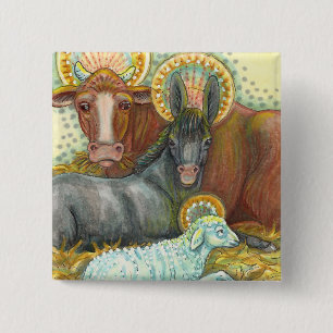 NATIVITY ANIMALS IN STABLE, OX, DONKEY & SHEEP 2 INCH SQUARE BUTTON