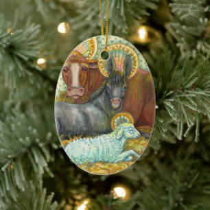 NATIVITY ANIMALS IN STABLE, OX, DONKEY & SHEEP CERAMIC ORNAMENT