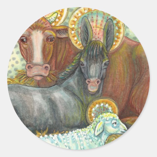 NATIVITY ANIMALS IN STABLE, OX, DONKEY & SHEEP CLASSIC ROUND STICKER (Front)