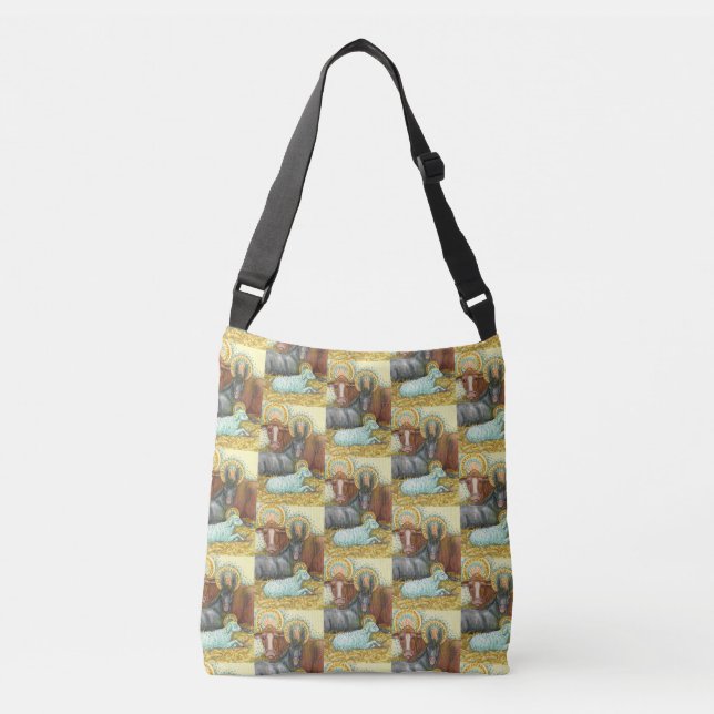NATIVITY ANIMALS IN STABLE, OX, DONKEY & SHEEP CROSSBODY BAG (Front)