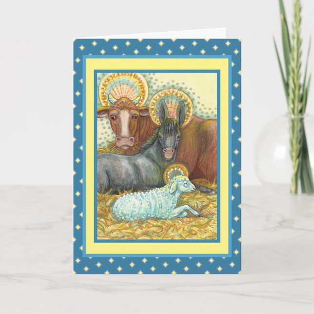 NATIVITY ANIMALS IN STABLE, OX, DONKEY & SHEEP HOLIDAY CARD (Front)