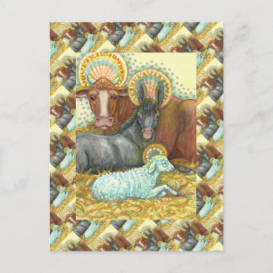 NATIVITY ANIMALS IN STABLE, OX, DONKEY & SHEEP POSTCARD
