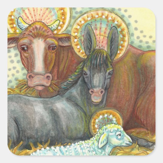 NATIVITY ANIMALS IN STABLE, OX, DONKEY & SHEEP SQUARE STICKER (Front)