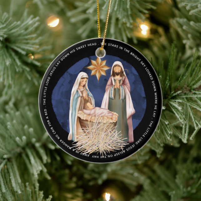 Nativity Away In A Manger Lyrics Gold Text Black Ceramic Ornament (Tree)