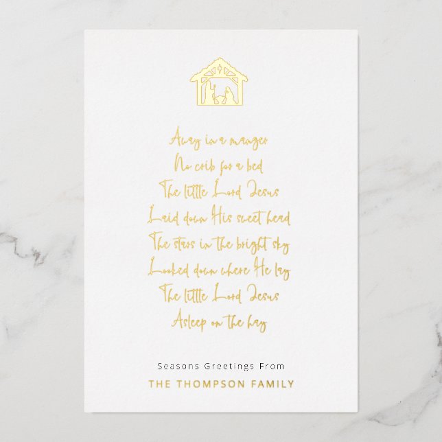Nativity Away In A Manger Lyrics Name Real Foil Holiday Card (Front)