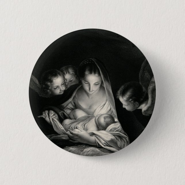 Nativity Baby Jesus Virgin Mary Angels Black White 2 Inch Round Button (Front)