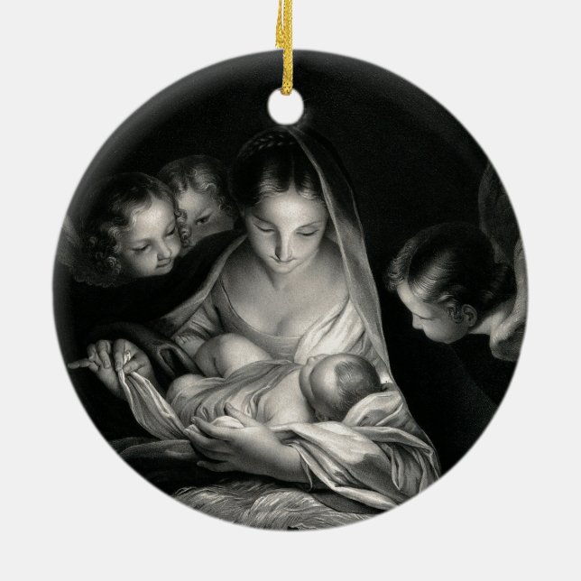 Nativity Baby Jesus Virgin Mary Angels Black White Ceramic Ornament (Back)