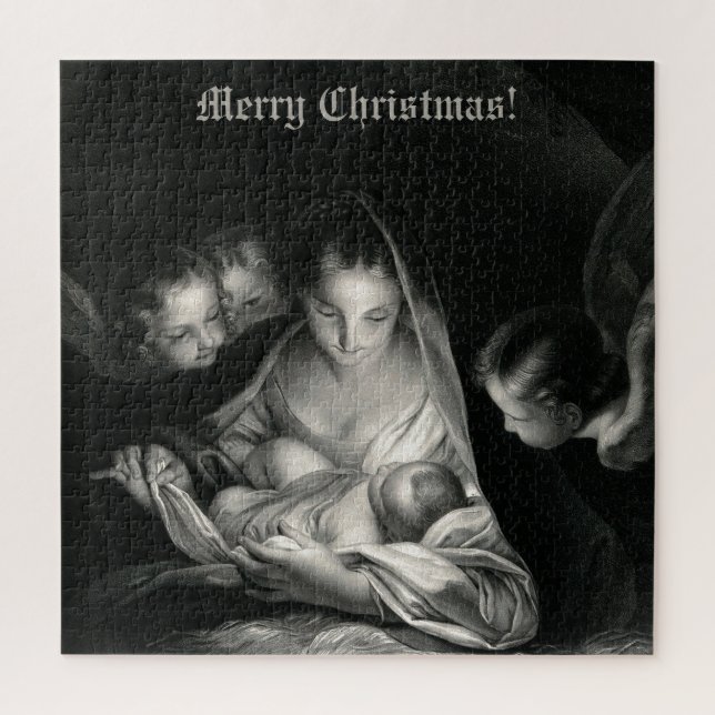 Nativity Baby Jesus Virgin Mary Angels Black White Jigsaw Puzzle (Vertical)