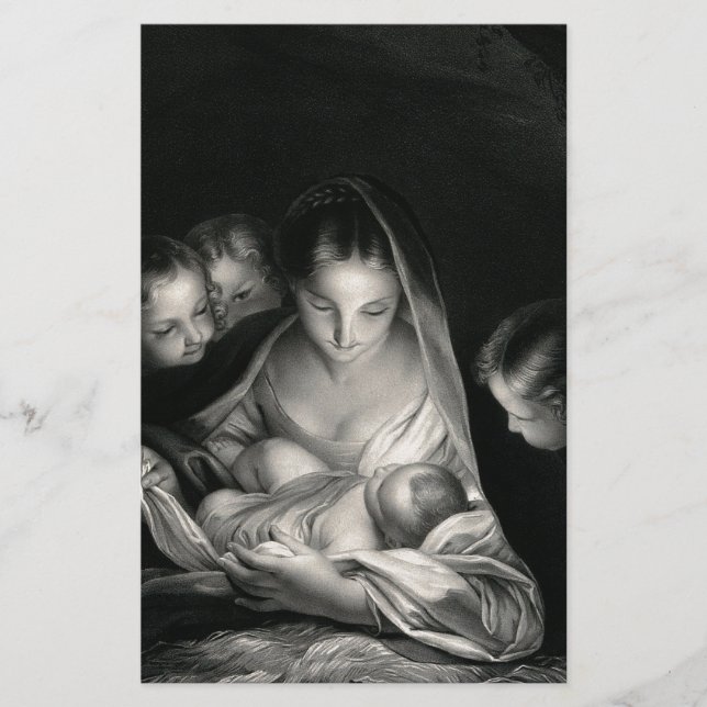 Nativity Baby Jesus Virgin Mary Angels Black White Stationery (Front)