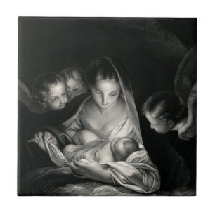 Nativity Baby Jesus Virgin Mary Angels Black White Tile