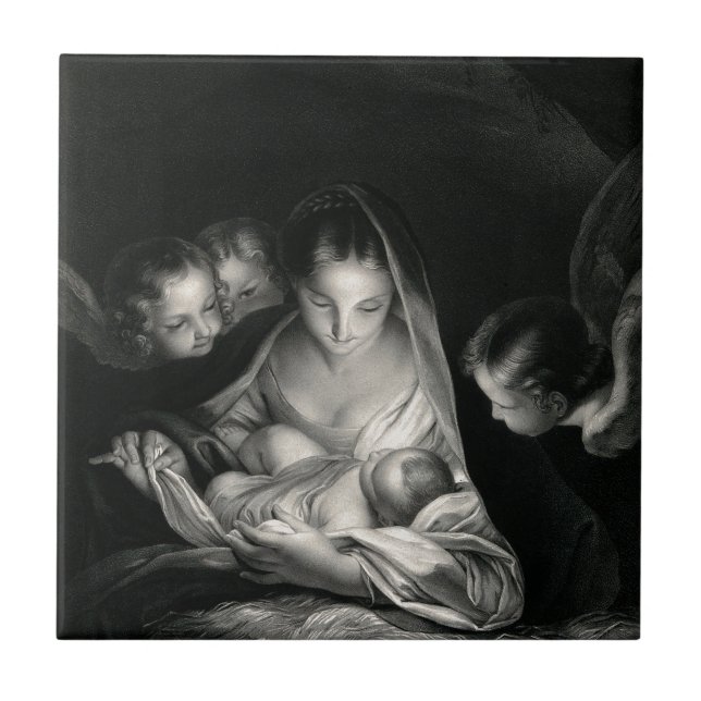 Nativity Baby Jesus Virgin Mary Angels Black White Tile (Front)