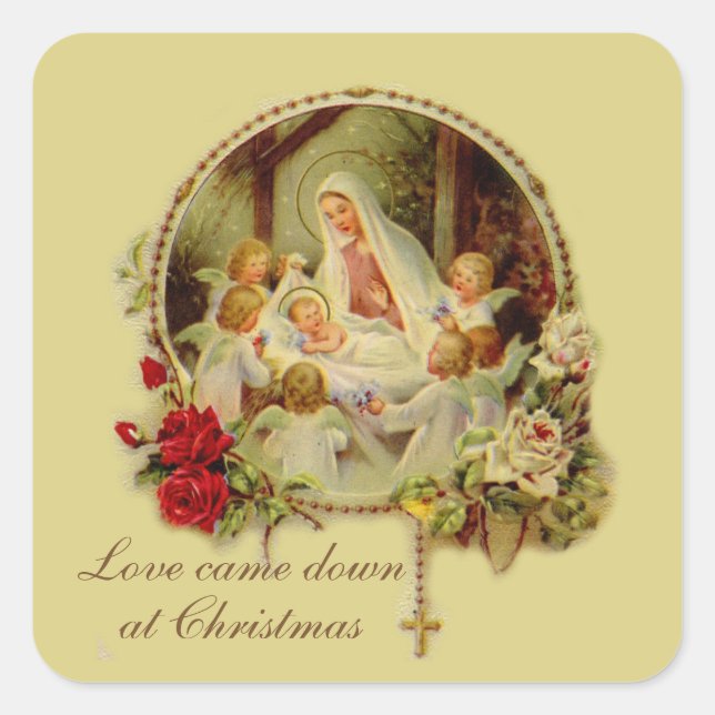Nativity Blessed Mother Baby Jesus Rosary Roses Sq Square Sticker (Front)