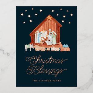 Nativity Christmas Blessings Photo Rose Gold Foil Holiday Postcard