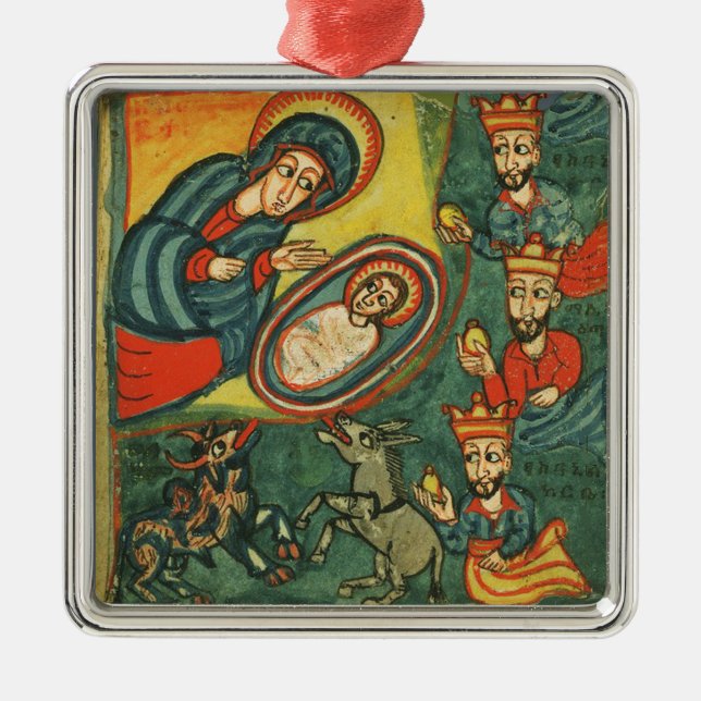 NATIVITY CHRISTMAS PARCHMENT ,ADORATION OF MAGI METAL ORNAMENT (Front)