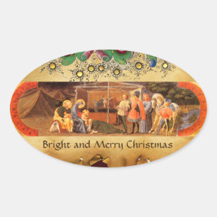 NATIVITY CHRISTMAS PARCHMENT/ ADORATION OF MAGI OVAL STICKER