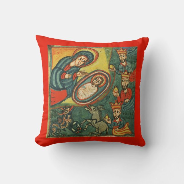 NATIVITY CHRISTMAS PARCHMENT ,ADORATION OF MAGI THROW PILLOW (Front)