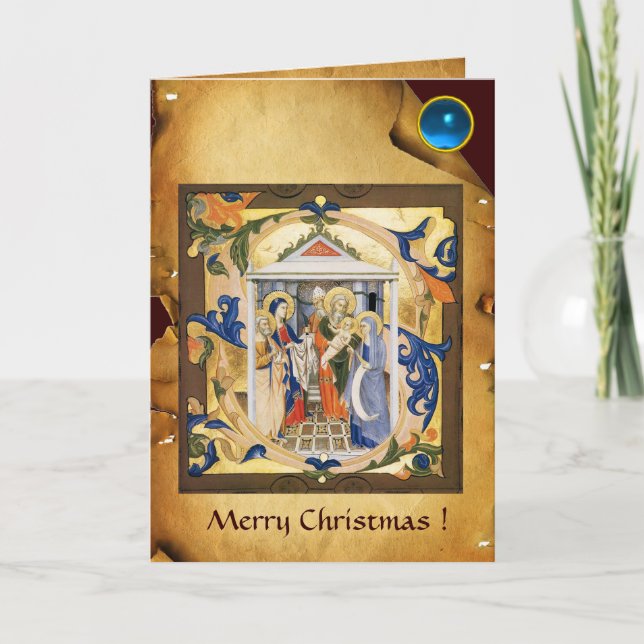 NATIVITY CHRISTMAS PARCHMENT Blue Gem Holiday Card (Front)