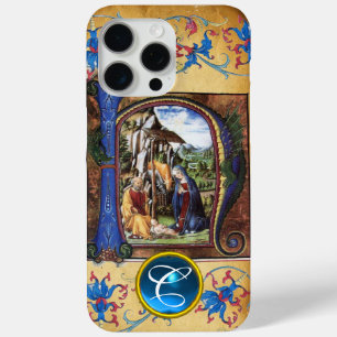 NATIVITY CHRISTMAS PARCHMENT BLUE GEM MONOGRAM iPhone 15 PRO MAX CASE
