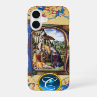 NATIVITY CHRISTMAS PARCHMENT BLUE GEM MONOGRAM