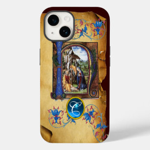 NATIVITY CHRISTMAS PARCHMENT BLUE GEM MONOGRAM iPhone 14 CASE