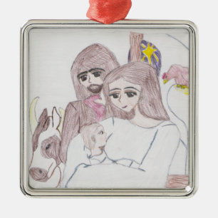 Nativity Coloured Pencil Drawing Metal Ornament
