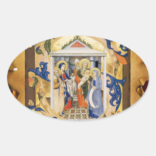 NATIVITY FLORAL CHRISTMAS PARCHMENT OVAL STICKER