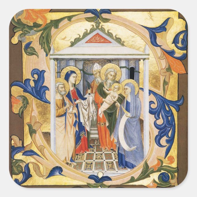 NATIVITY FLORAL CHRISTMAS PARCHMENT SQUARE STICKER (Front)