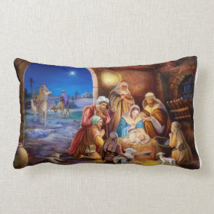 nativity, holy night painting lumbar pillow