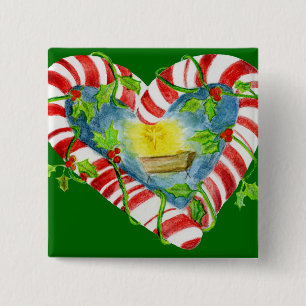 Nativity in Candy Cane Heart 2 Inch Square Button
