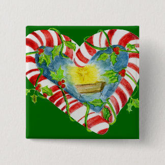 Nativity in Candy Cane Heart 2 Inch Square Button