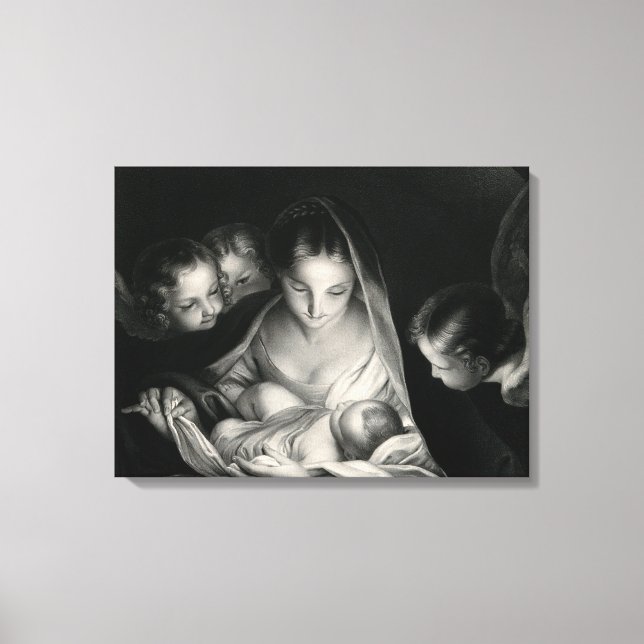 Nativity Jesus Virgin Mary Angels Black White Canvas Print (Front)