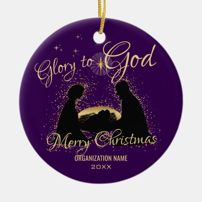 Nativity Manger Glory To God Purple Family Photo Ceramic Ornament (Front)