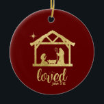 Nativity Manger Jesus Love Christian Christmas Ceramic Ornament<br><div class="desc">Celebrate the birth of Jesus Christ. Lovely gold colored silhouette of a nativity manger scene with Mary,  Joseph and Baby Jesus. Shining star to lead the way. Wonderful bible quote from John "Loved" in typography style design. The perfect holiday Christmas ornament to celebrate the lord Jesus.</div>
