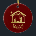 Nativity Manger Jesus Love Christian Christmas Ceramic Ornament<br><div class="desc">Celebrate the birth of Jesus Christ. Lovely gold colored silhouette of a nativity manger scene with Mary,  Joseph and Baby Jesus. Shining star to lead the way. Wonderful bible quote from John "Loved" in typography style design. The perfect holiday Christmas ornament to celebrate the lord Jesus.</div>
