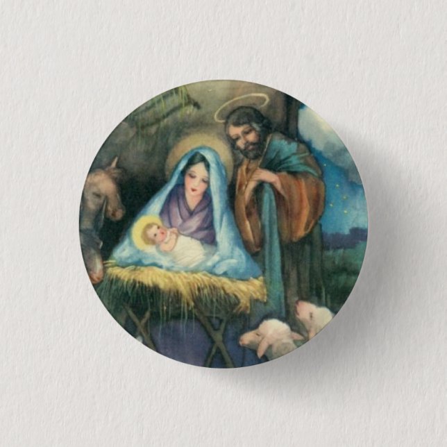 Nativity Manger Stable, Vintage Christmas Art Pin (Front)