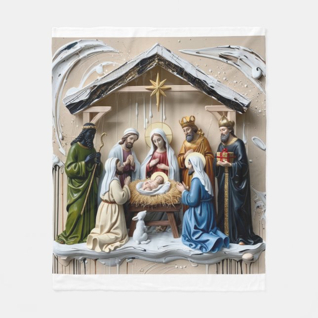 Nativity manger, tree wise men Bethlem Fleece Blanket (Front)