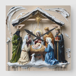 Nativity manger, tree wise men Bethlem Square Wall Clock