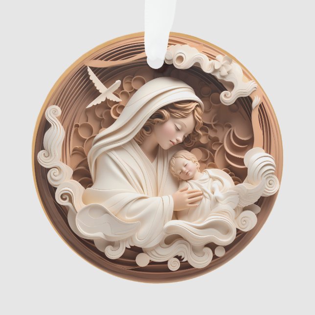 Nativity Mary and Baby Jesus 3d Wood Look White Ornament (Front)