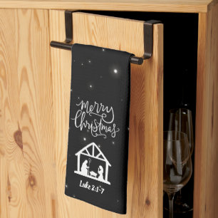 Nativity Merry Christmas Black Kitchen Towel