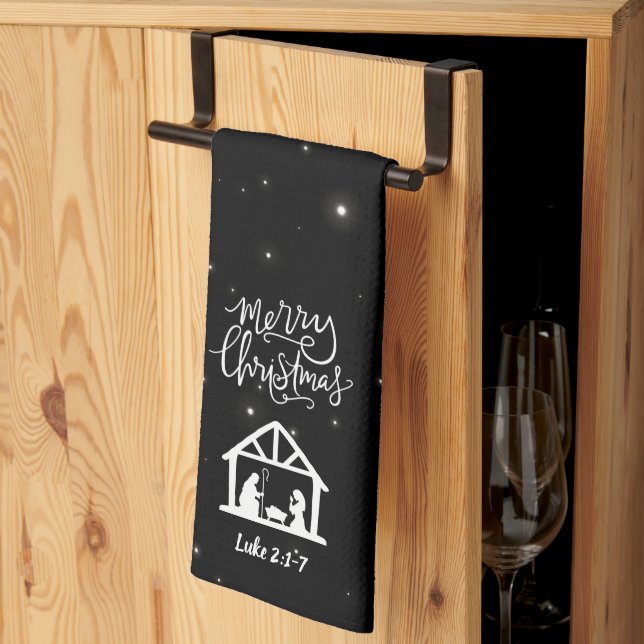 Nativity Merry Christmas Black Kitchen Towel (Thirds Fold)