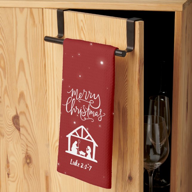 Nativity Merry Christmas Red Kitchen Towel (Thirds Fold)