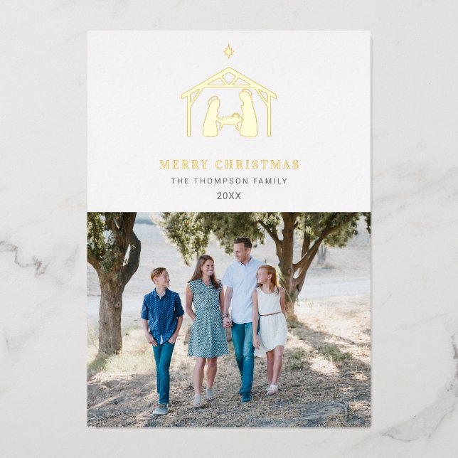 Nativity Merry Christmas White Foil Holiday Card (Front)